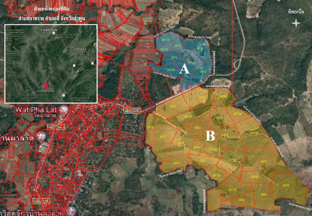 ขายที่ดิน646ไร่ รวม84ล. ฟรีโอน ลดไร่ละ130,000บ. แยกขาย106ไร่ได้ ถนนลาดยาง ไฟฟ้า ใกล้วัดพระพุทธบาทห้วยต้ม บ้านห้วยต้ม ต.นาทราย อ.ลี้ ลำพูน